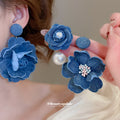 Blue Fabric Flower Stud Earrings In Two Designs Jewelry view 2