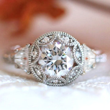 Silver Vintage Milgrain Halo Clear CZ Baguette Ring