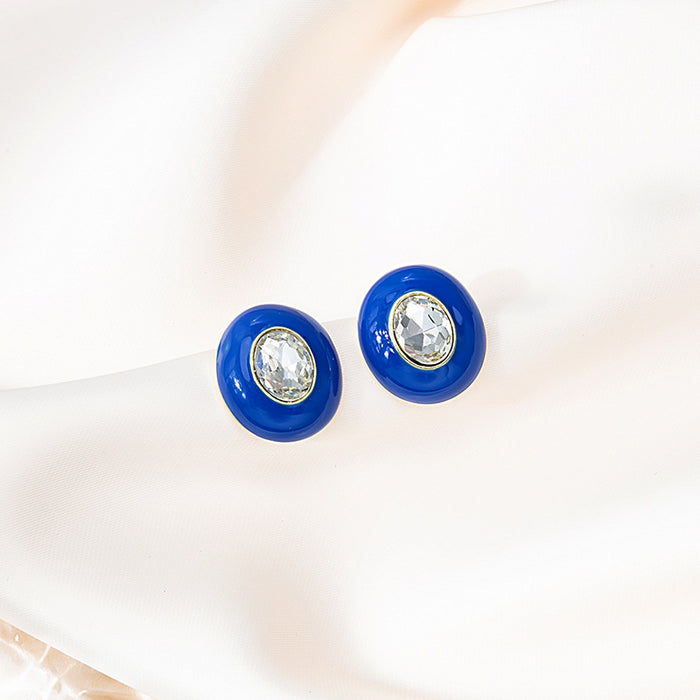 Green Enamel Oval Rhinestone Center Stud Earrings Pair