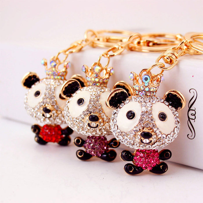 Crowned Panda Rhinestone Keychain With Key Ring And Lobster Clasp