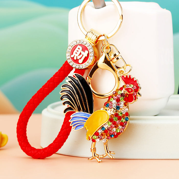 Jeweled Rooster Keychains in White and Multicolor with Fortune Loops
