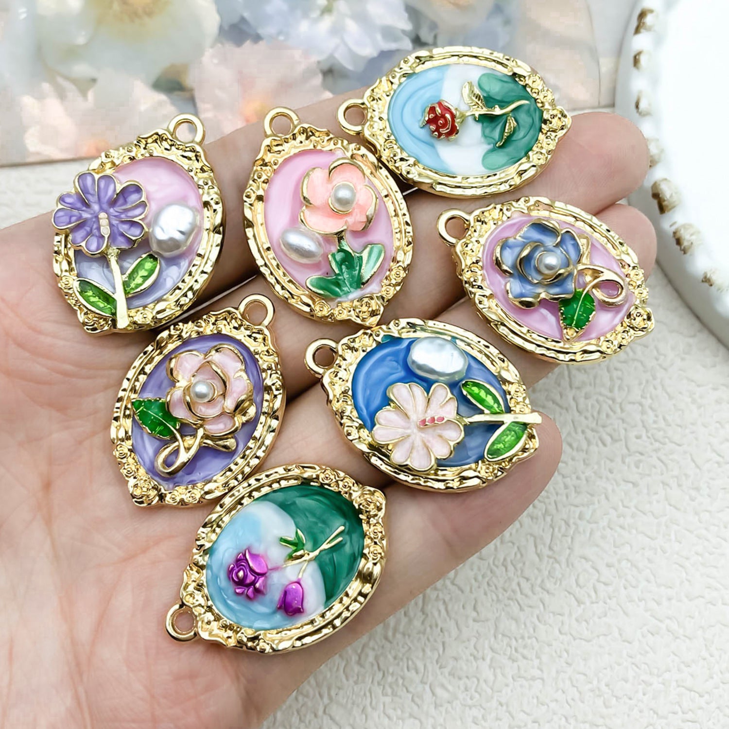 Enamel Zinc Alloy Flower Oil Painting Monet Garden Charm Pendant for DIY Necklaces