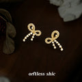 Gold Tone Clear Stone Bow Tassel Stud Earrings For Women view 4