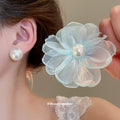 Asymmetric Sheer Flower and Pearl Like Stud Earrings view 3