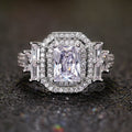 Silver-Tone Rectangular Halo Crystal Ring With Baguette Accents view 1