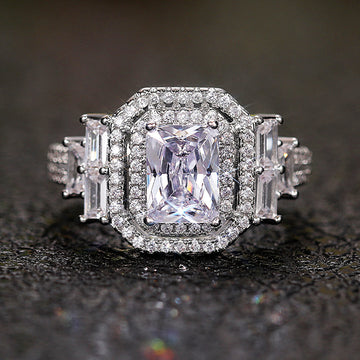 Silver-Tone Rectangular Halo Crystal Ring With Baguette Accents