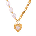 Asymmetric Pearl Gold Curb Chain Heart Pendant Necklace view 5