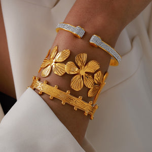 Flower Open Cuff Bangle Crystal Pave Tip Hinged Gold Bracelet