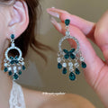 Silver Tone Green Crystal Butterfly Chandelier Earrings view 2