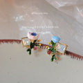 Gold Tone Colorful Flower Branch Square Stone Asymmetric Stud Earrings view 6