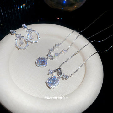 Silver Crystal Halo Necklaces And Open Circle Drop Earrings