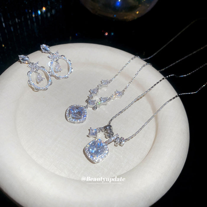 Silver Crystal Halo Necklaces And Open Circle Drop Earrings