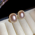 Gold Framed Oval Pearl Stud Earrings Decorative Jewelry Design view 7