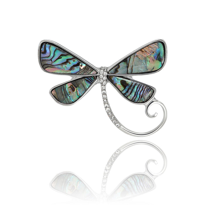 Silver Tone Dragonfly Brooch With Shell Effect Wings and Curl Tail