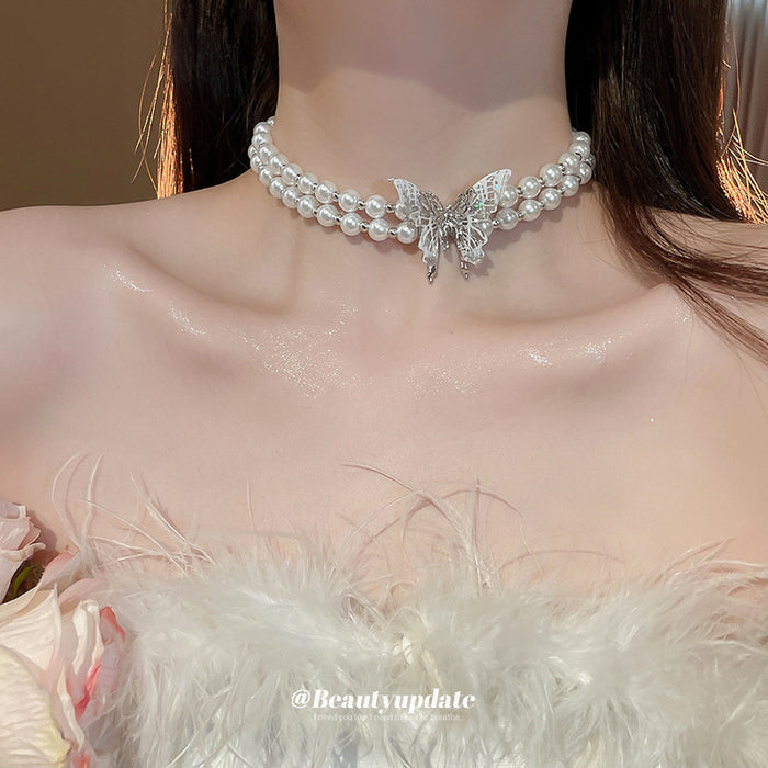Double Strand Pearl Choker Silver Lace Butterfly Center