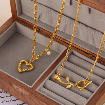 Gold Open Heart Pearl And Rose Toggle Chain Necklaces