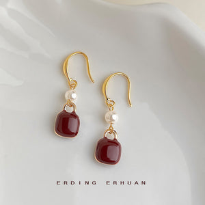 Gold Hook Wine Red Enamel Square Drop Earrings Pearl