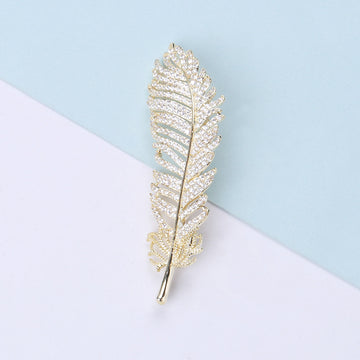 Gold Tone Pave Crystal Feather Brooch Clear Rhinestone Pin
