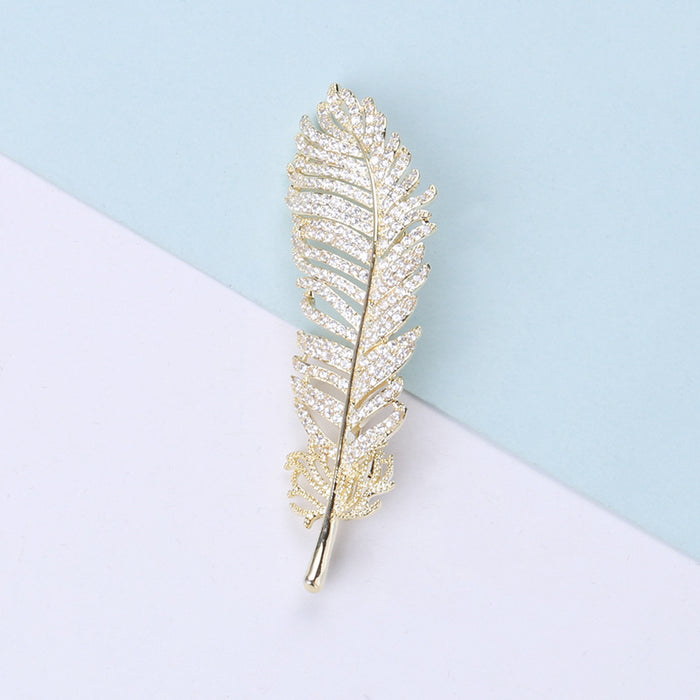 Gold Tone Pave Crystal Feather Brooch Clear Rhinestone Pin