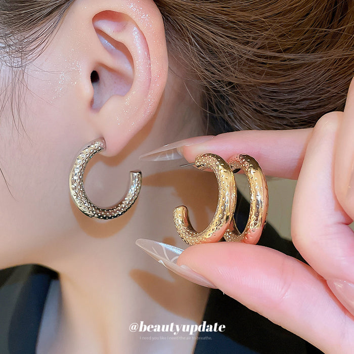 Textured Spotted C Hoop Stud Earrings Jewelry Pair