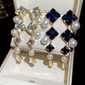 Blue White Crystal Diamond Pearl Long Drop Stud Earrings view 2