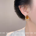 Gold Tone Amber Rectangle Stone Double Loop Stud Earrings view 2