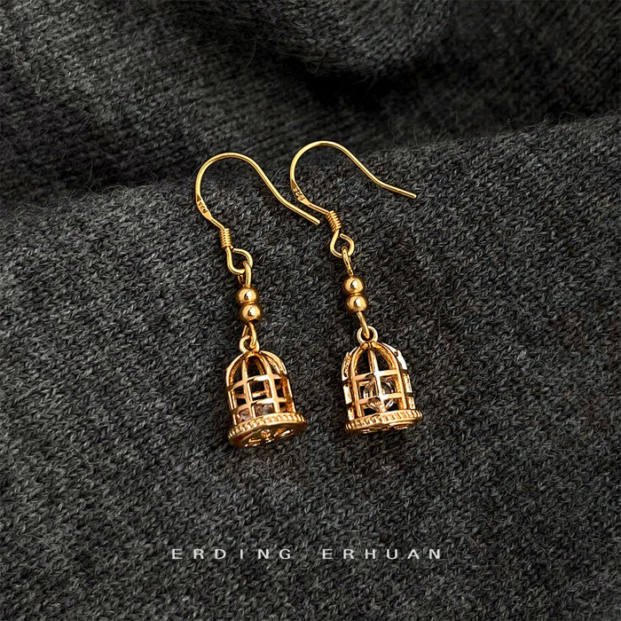 Gold Tone Birdcage Dangle Hook Earrings Clear Crystal