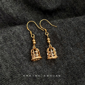 Gold Birdcage Drop Hook Earrings Clear Inner Stone