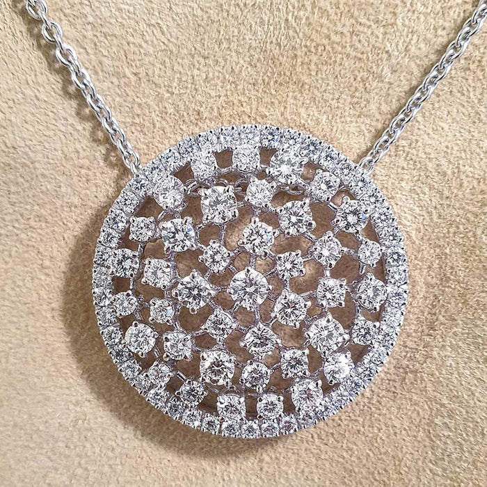 Silver Round Openwork Pave CZ Disc Pendant Necklace