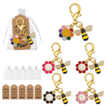 Enamel Bee Flower Smile Keychain Gold Clasp Five Colors