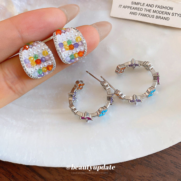 Multicolor Hoop And Beaded Square Stud Earrings Fashion Jewelry