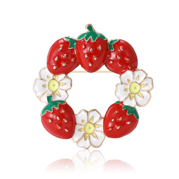 Enamel Strawberry Flower Wreath Brooch Gold Tone Pin