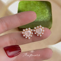 Gold Heart Stud Earrings Pink Crystal Pearl Halo Border view 3