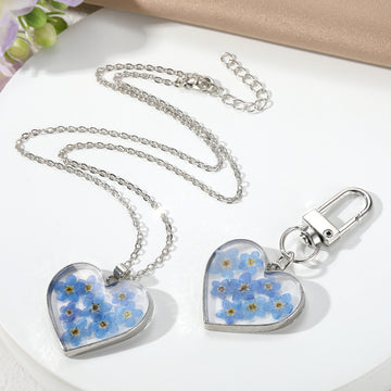 Blue Flower Heart Pendant Keychain and Necklace Set Options