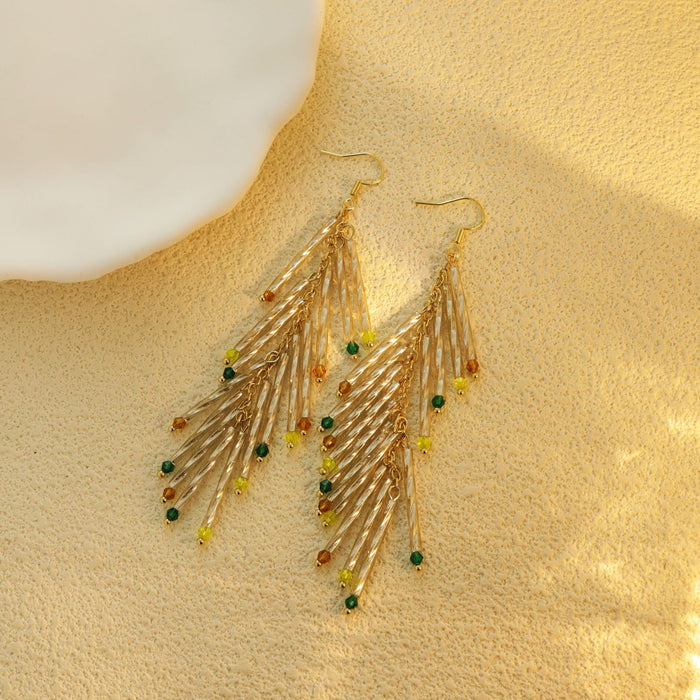 Silver Tube Tassel Multicolor Bead Long Hook Earrings
