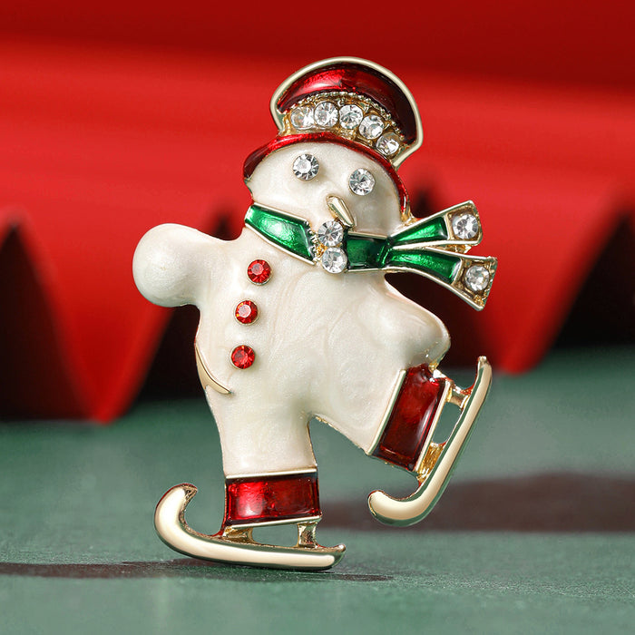 White Enamel Skating Snowman Brooch Red Hat Green Scarf