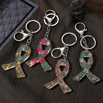 Silver Tone Awareness Ribbon Flower Keychains in Four Colors