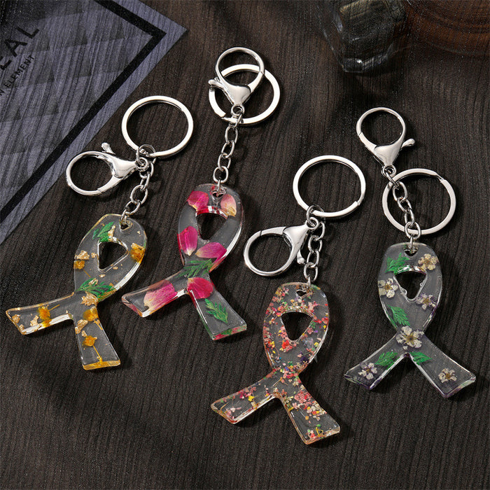 Silver Tone Awareness Ribbon Pressed Flower Resin Keychains