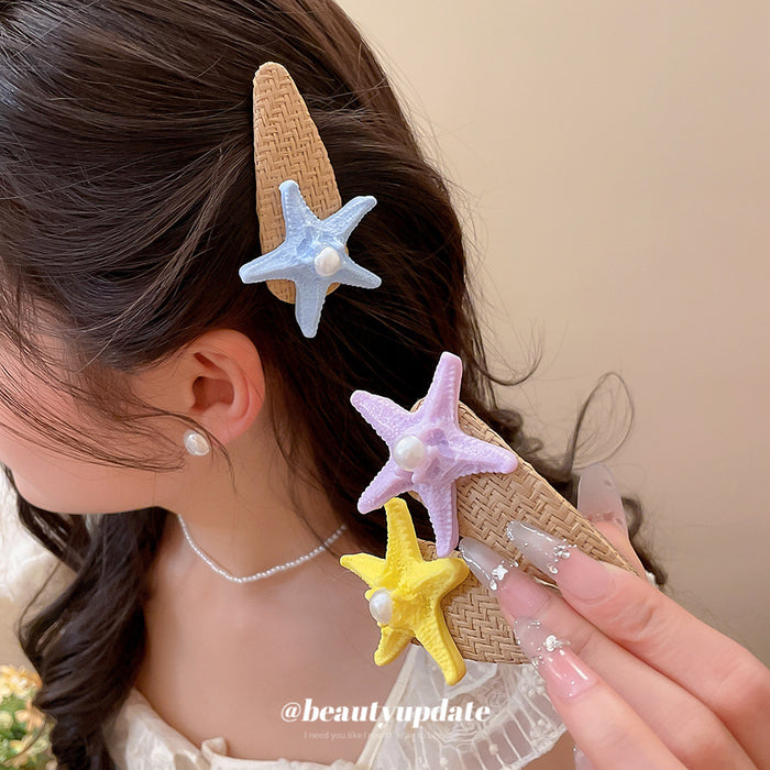 Raffia Weave Starfish Pearl Duckbill Hair Clip Blue Purple