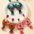 Cartoon Lobster Beaded Drop Earrings With Rhinestone Stud Top view 1