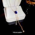 Blue Square Crystal Gold Tone Y Drop Chain Necklace view 2