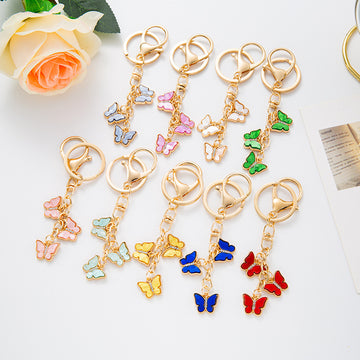 Enamel Triple Butterfly Keychain Gold Tone Metal Bag Charm