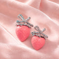 Pink Strawberry and Silver Bow Novelty Stud Earrings view 2