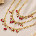 Red Cherry Crystal Charm Necklace and Bracelet in Gold Tone view 2