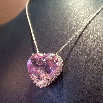 Pink Heart Pendant Necklace Clear Halo Silver Tone Chain