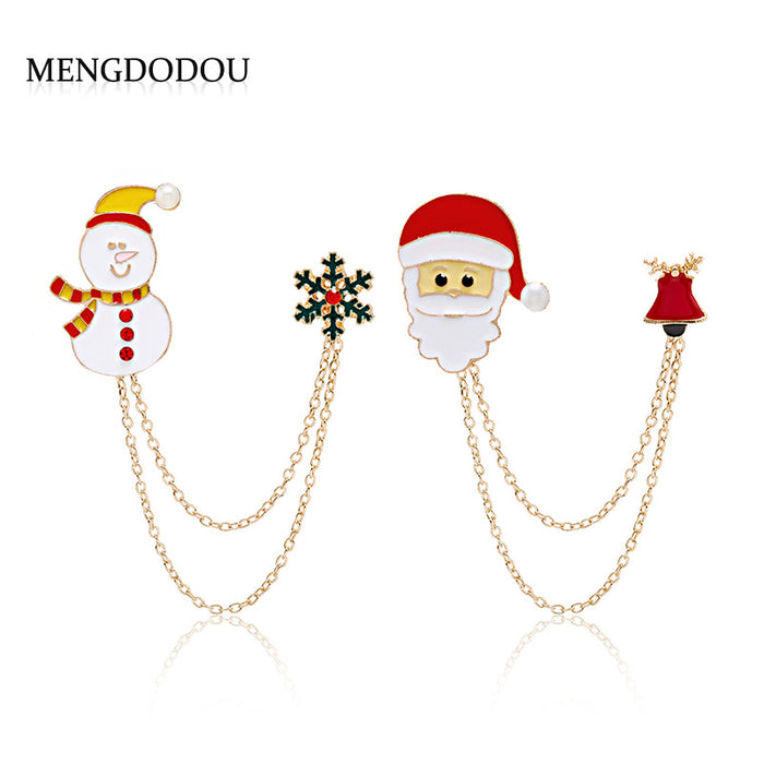 Christmas Snowman Santa Dual Chain Enamel Brooch Pins