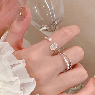 Silver Open Oval Cabochon Ring Flower Crystal Terminal