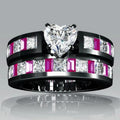 Gunmetal Tone Pink Crystal Heart Ring Set Fashion Jewelry view 2