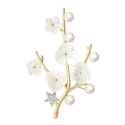 Gold plum blossom branch brooch pearls mother-of-pearl flowers
