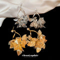 Gold Tone Open Filigree Leaf Cluster Statement Drop Earrings view 4